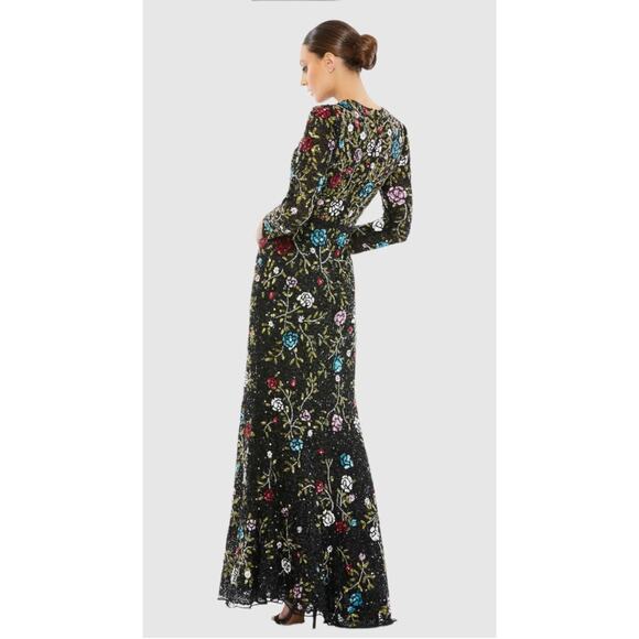 Mac Duggal Black Floral Embellished Long Sleeve Sequined Gown #5556 Sz 10 NWT - Picture 3 of 13